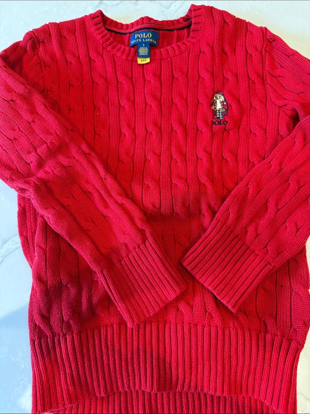 Polo by Ralph Lauren boys Bright Red Cable-Knit Polo Bear Crewneck Sweater